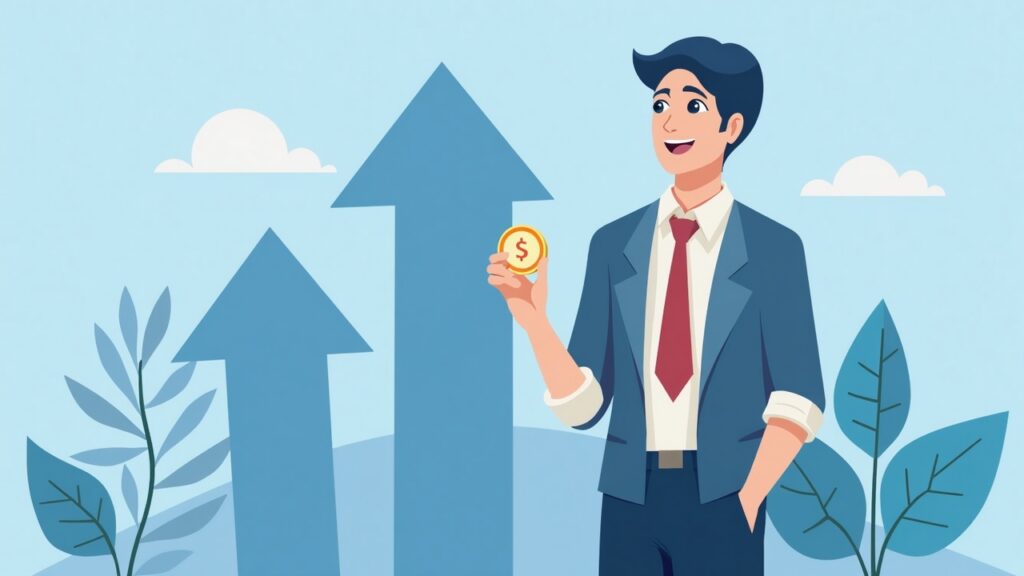 Finance professional with a digital SUI coin and bold 2x arrows on a Nasdaq-style blue backdrop.