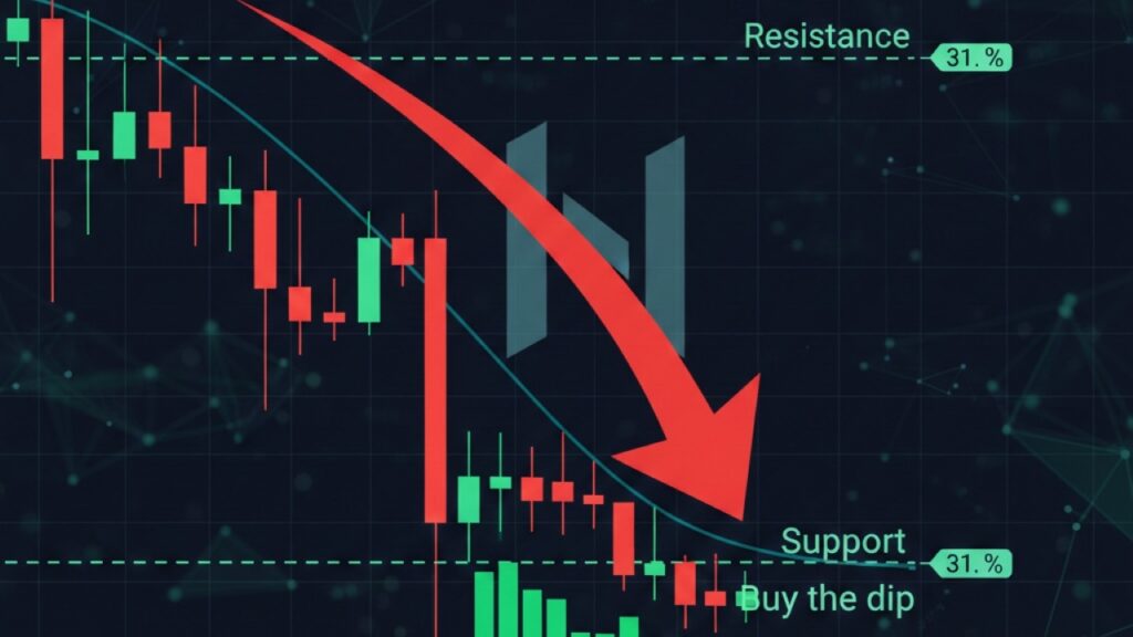 illustration of an HBAR glyph breaking below a bear-flag neckline in muted blue-gray tones, signaling 31% downside risk.