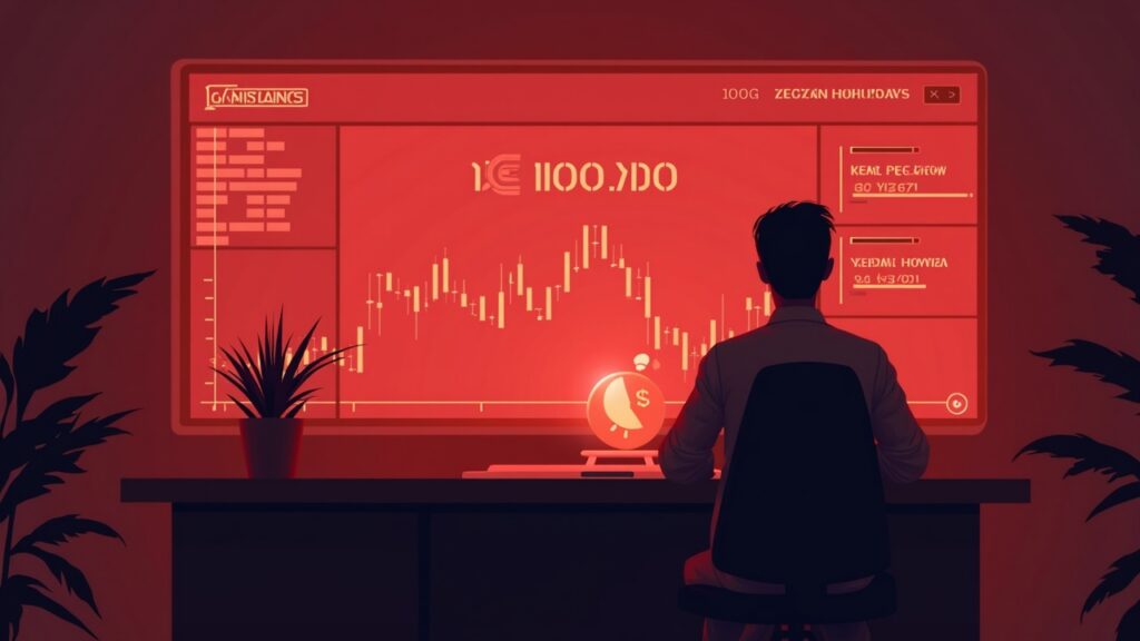 Crypto exchange desk with red alert, paused employee silhouette, Year of Yellow Fruit token, and $100k whistleblower award.