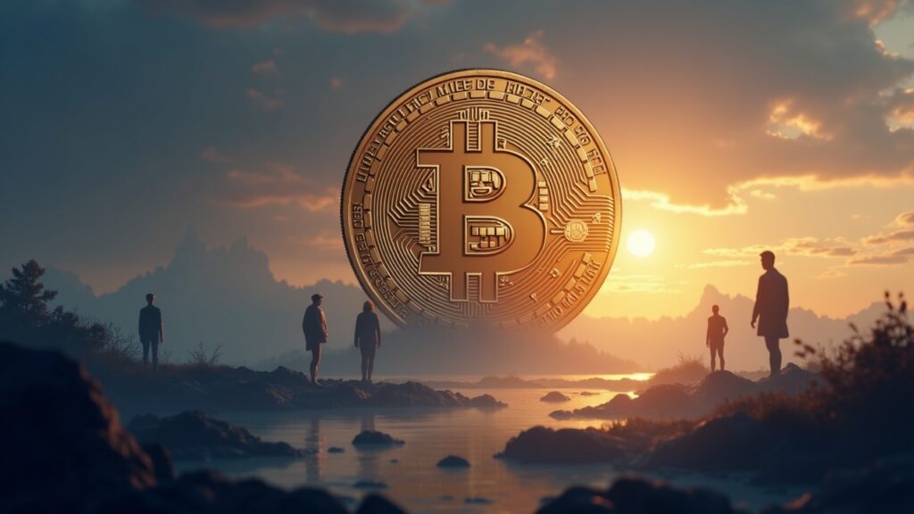 Realistic illustration of a large Bitcoin coin dominating a calm crypto landscape, with faded altcoins beneath its shadow.