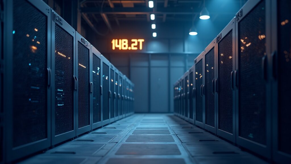 Semi-realistic Bitcoin mining facility with sleek ASICs and a readout showing 148.2T to 150T, efficiency focus.
