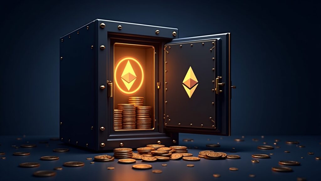 Semi-realistic vault with glowing Ethereum logos and stacked ETH tokens representing BitMine's large ETH treasury