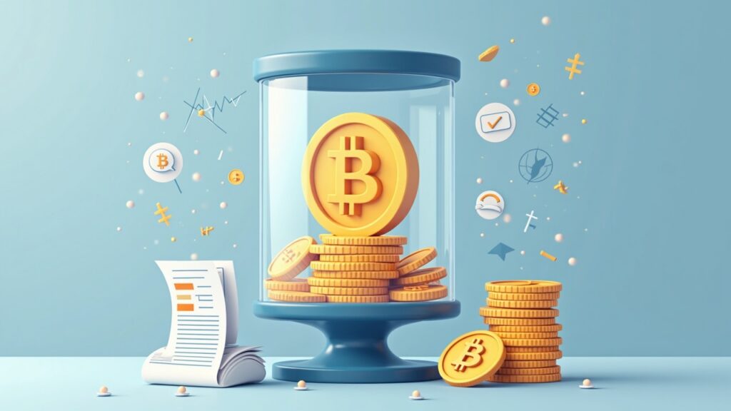 Semi-realistic Bitcoin ETF concept: glass container with Bitcoin symbol balanced by T-bills and abstract tech icons.