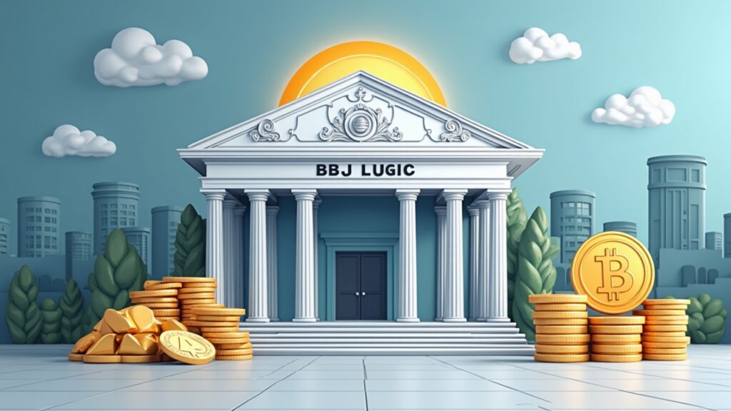 Semi-realistic Bank of Japan building with a 1.98% yield gauge and gold, silver, and Bitcoin icons in a newsroom context