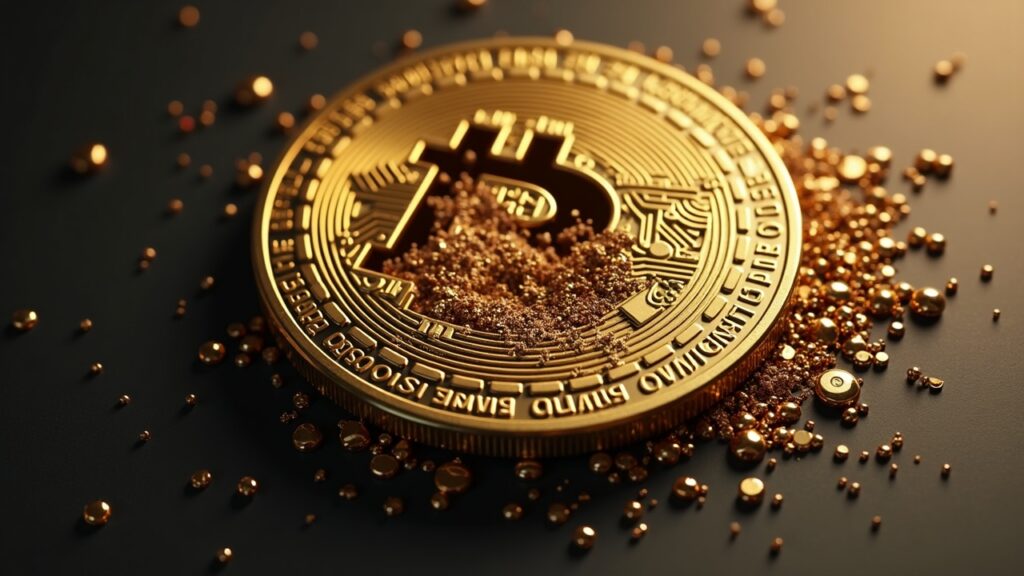 Hybrid Bitcoin illustration shows a tiny unspendable UTXO dissolving, symbolizing UTXO bloat and community split.