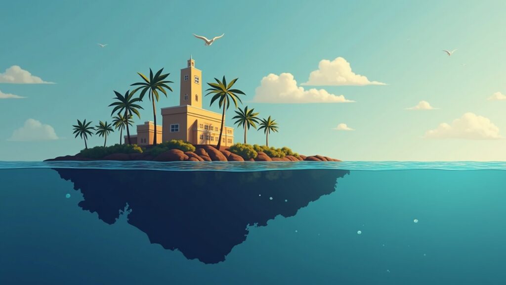 Semi-realistic Cayman Islands map silhouette with a foundation building and crypto tokens, signaling CARF-ready treasury focus