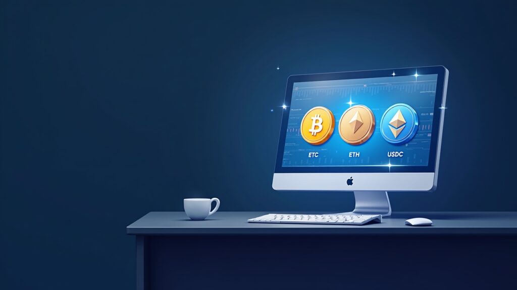 Semi-realistic custody desk with a screen showing BTC, ETH and USDC used as collateral in a newsroom vibe.