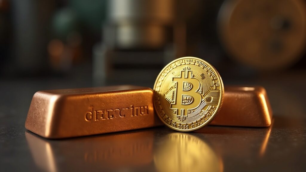 Split-screen of a copper bar and Bitcoin coin against industrial backdrop with calm lighting, reflecting copper's 2025 rally vs crypto volatility.