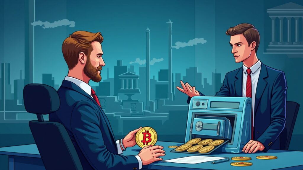 Semi-realistic custody hardware with Bitcoin, a bank officer, and a mining farm backdrop, illustrating a crypto loan.