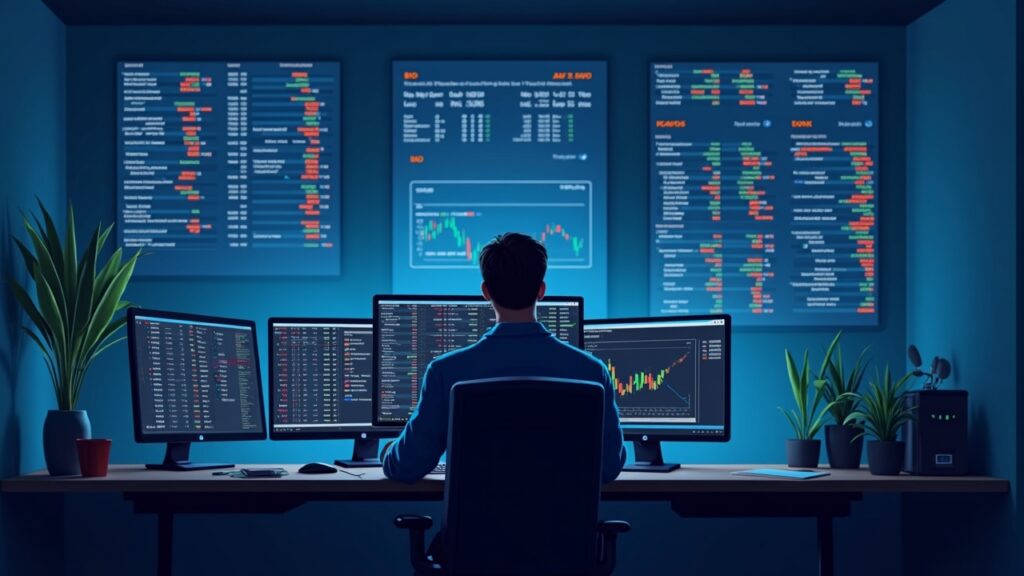 Realistic semi-illustration of a quant trader at a modern desk with screens showing live sports odds and bid-ask quotes.