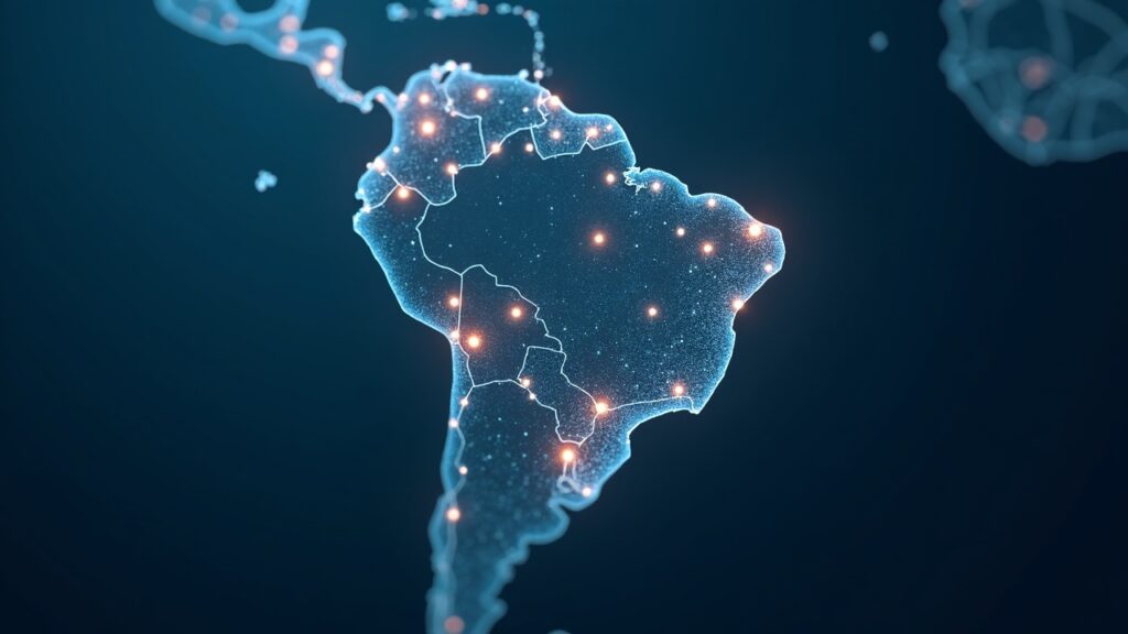 Brazil map with networked hotspots and Wi‑Fi waves showing DePIN expansion and Helium Plus integration