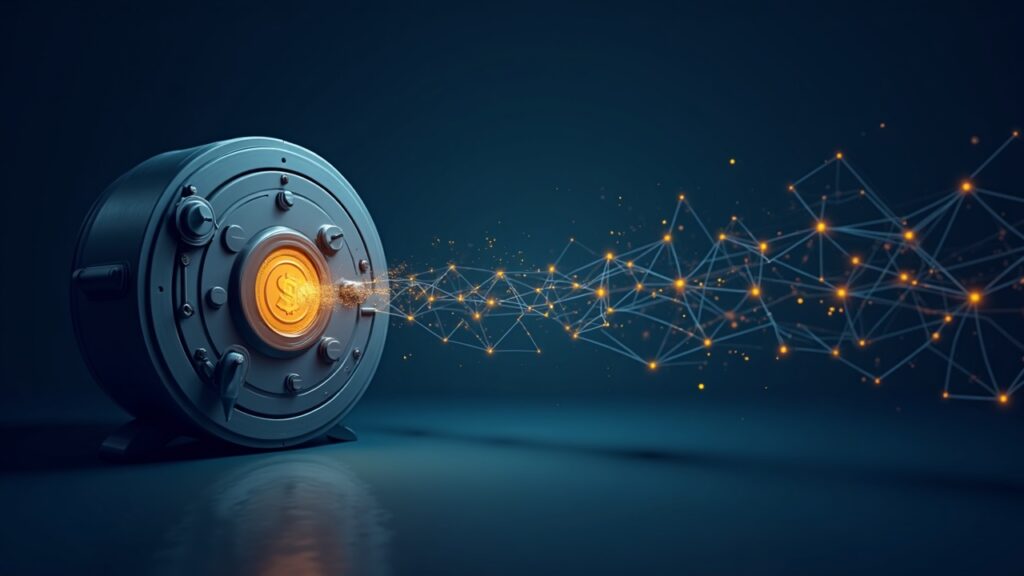 Semi-illustration of a secure vault with a tokenized U.S. Treasuries moving through a private Canton Network.