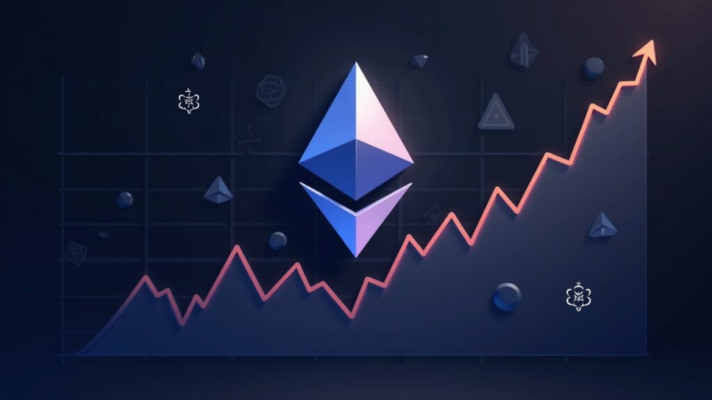 Semi-realistic Ethereum logo with rising options chart and bullish skew; Bitcoin in the background with upgrade cues