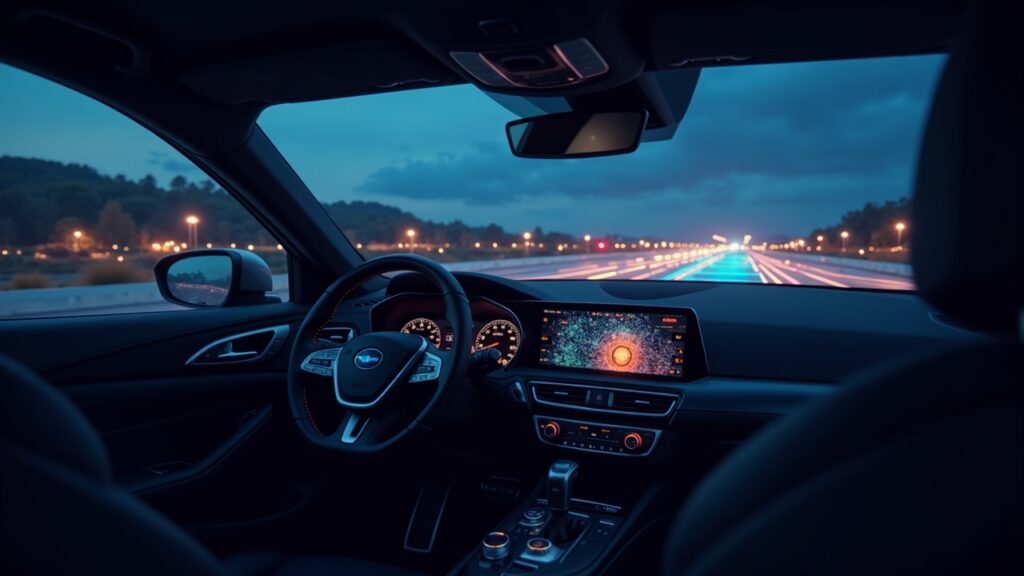 Car interior with data streams turning into glowing blockchain tokens over a subtle grid.
