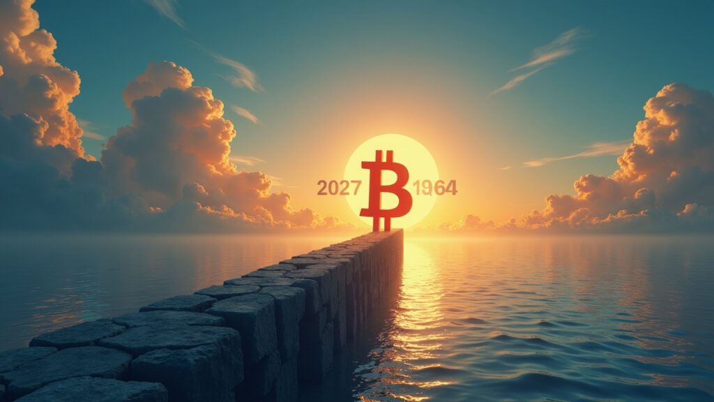 Bitcoin symbol rising toward a calm 2027 horizon, with chaotic 2026 clouds on the left and signs of institutional adoption.