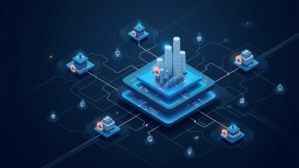 Semi-realistic layered Web3 network with nodes and wallet icons, illustrating 163B spot volume and 100M addresses.