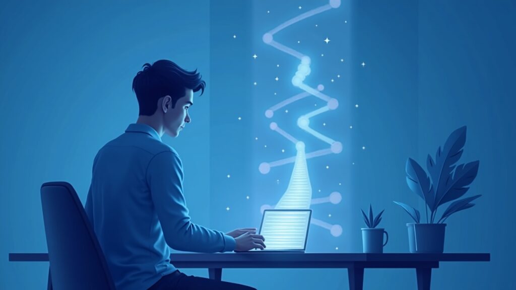 Semi-realistic crypto trader at a minimalist desk, tablet showing glowing threshold and bifurcating paths in blue-gray tones.