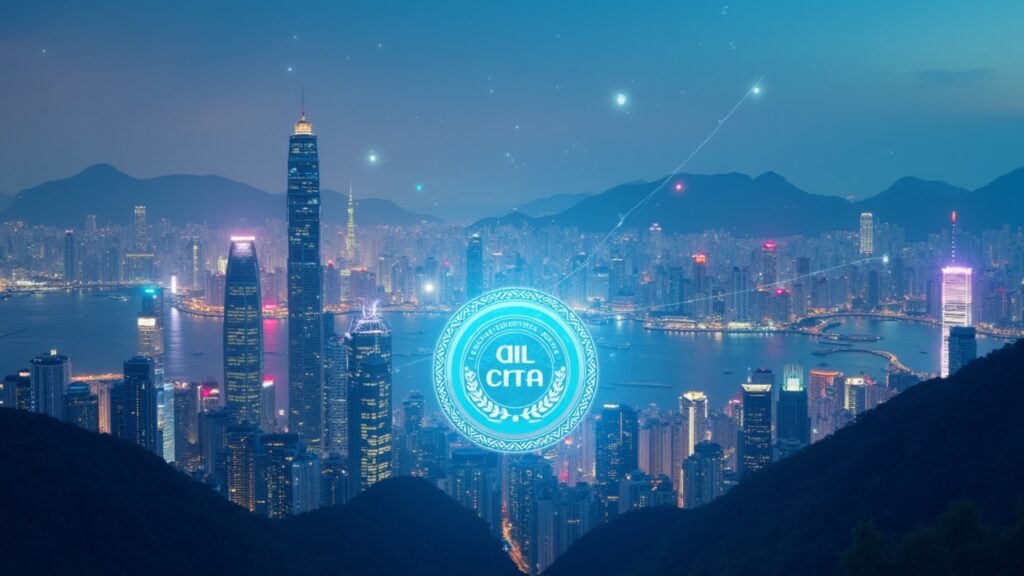 Semi-realistic Hong Kong skyline with crypto icons and data streams converging on a tax emblem, illustrating CARF reporting