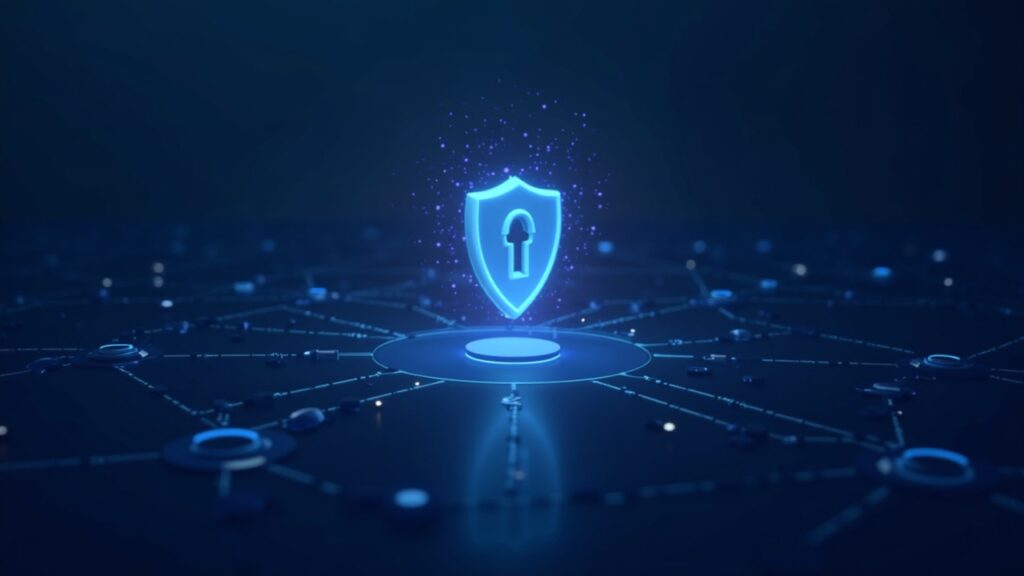 Semi-realistic image of a privacy shield over interconnected smart contracts on Base, highlighting Layer-3 privacy.