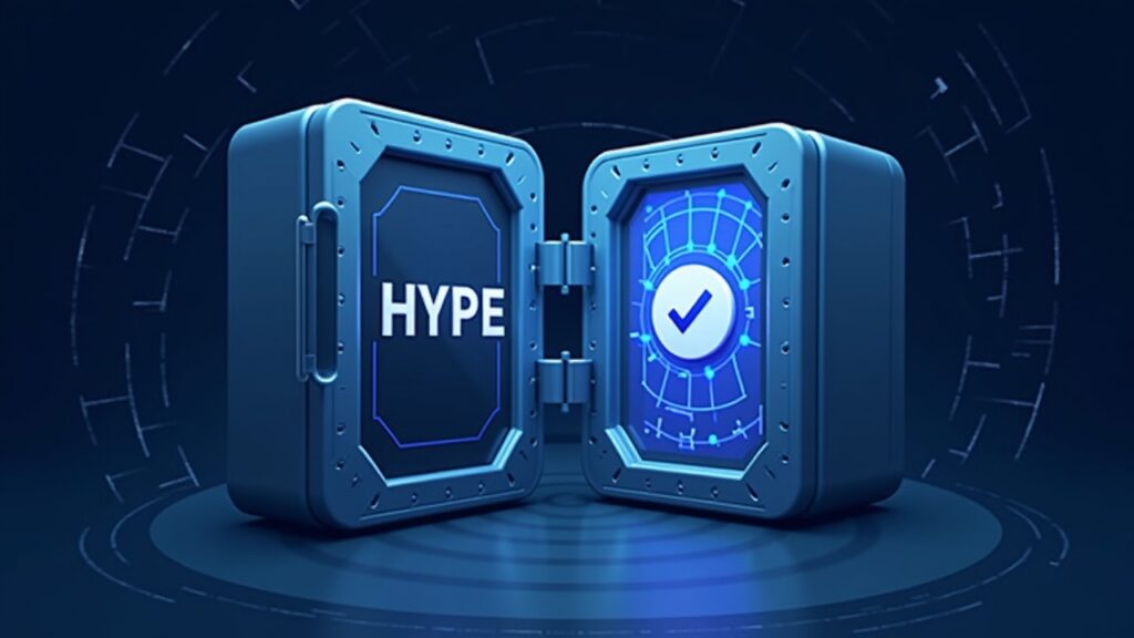 Semi-realistic vault labeled HYPE on a blockchain grid, with a ballot icon signaling non-circulating assets.