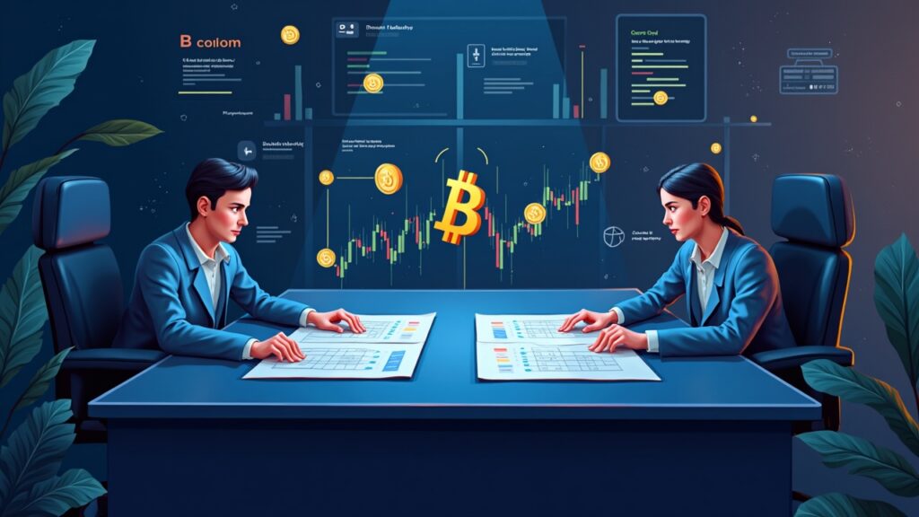 Institutions applying bitcoin options to altcoins at a desk, with BTC/altcoin icons, contracts, delta-neutral hedge, and AI overlay.