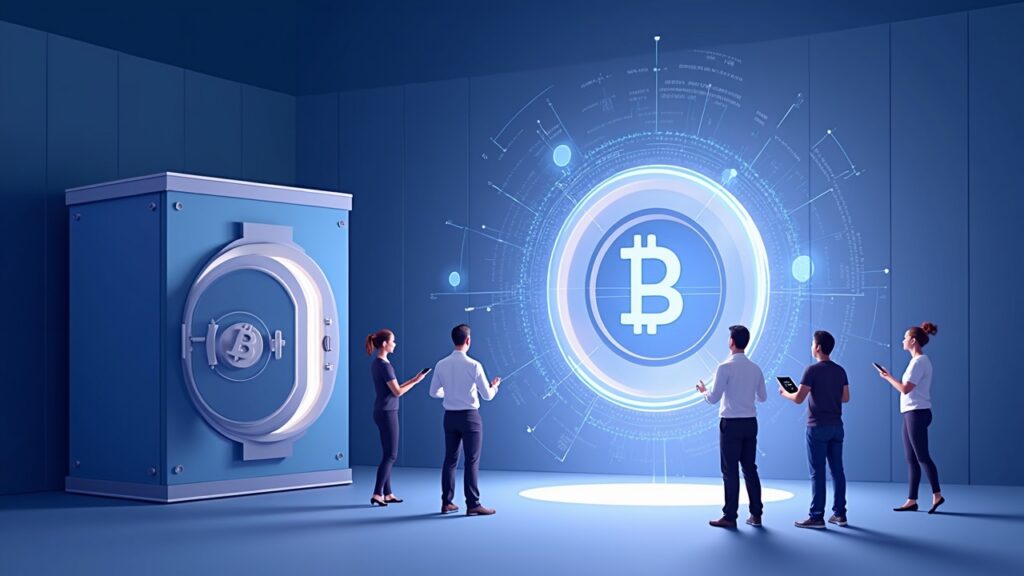 Realistic illustration of a finance hub with a sleek vault, glowing blockchain hologram, and executives reviewing digital-asset funding.