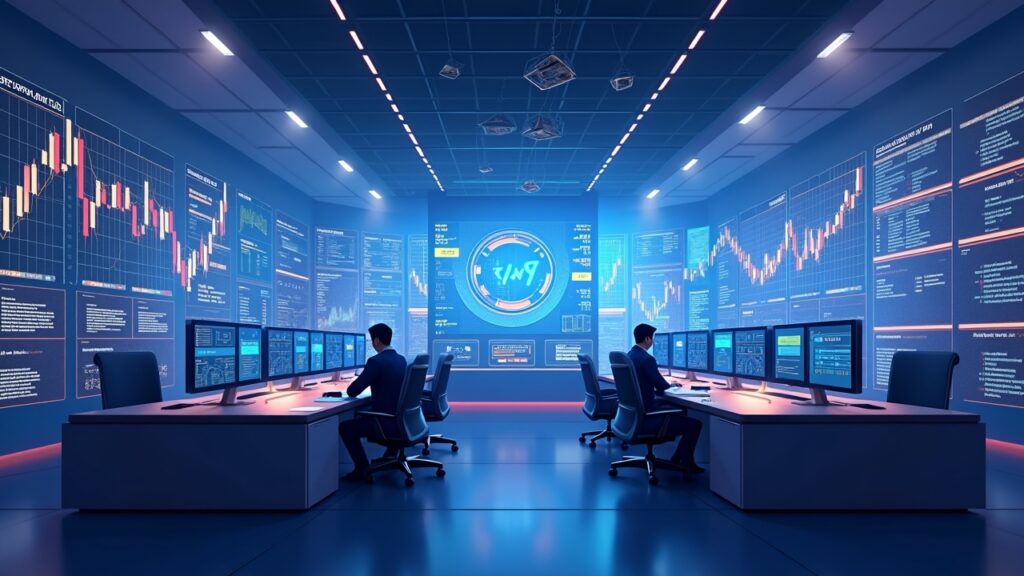 JPMorgan office scene with crypto trading screens, tokenization networks, Kinexys tech, and on-chain collateral flows.