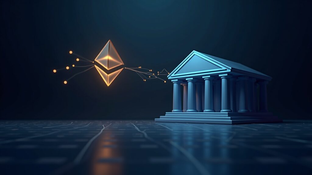 Bank silhouette linked by glowing data lines to ETH hex, in Wall Street setting, tokenized money markets.