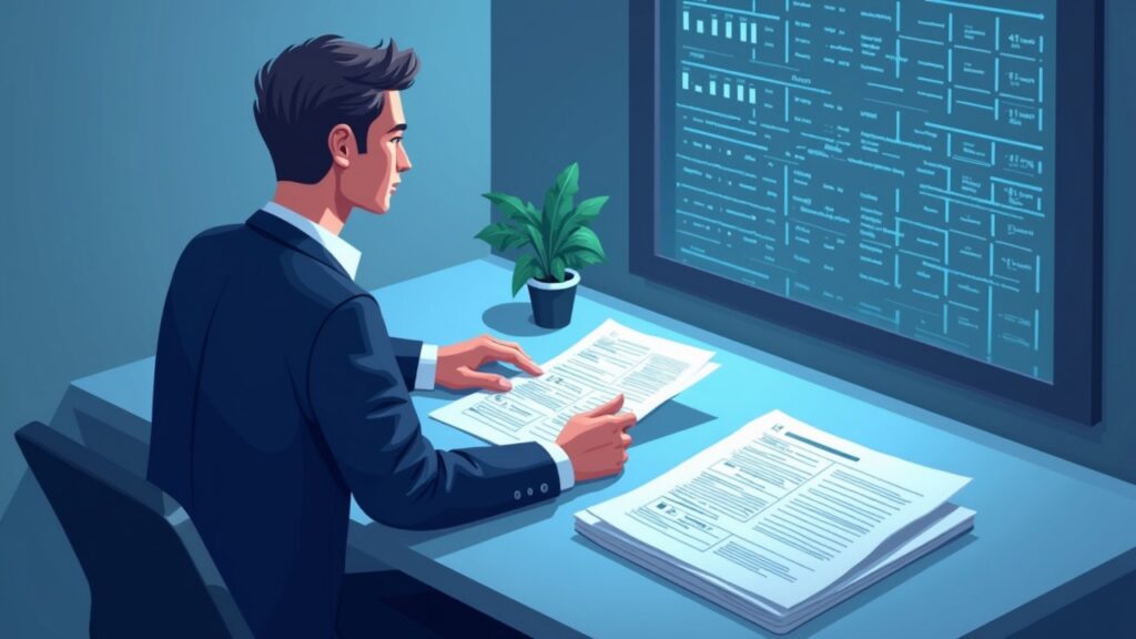 Calm lawyer reviews regulatory disclosures beside a digital ledger and paper documents in a soft-tech illustration.