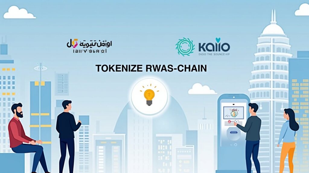 Realistic scene of Mubadala Capital and Kaio tokenizing RWAs on-chain with a digital token in Abu Dhabi.