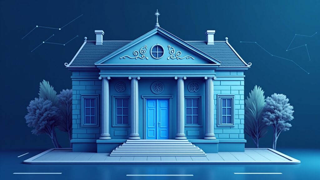 Realistic Norwegian bank facade with network lines and digital icons, signaling a robust, low-cost system CBDC not warranted