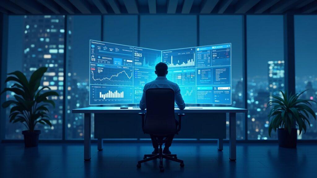 Professional trader at a sleek desk with holographic screens showing on-chain perpetual derivatives activity and a blockchain glow.