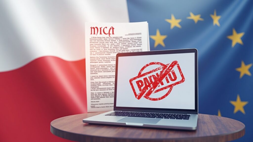 Semi-realistic Polish flag with a veto stamp on a MiCA document, laptop showing banned domains and red prohibition icon amid EU stars.