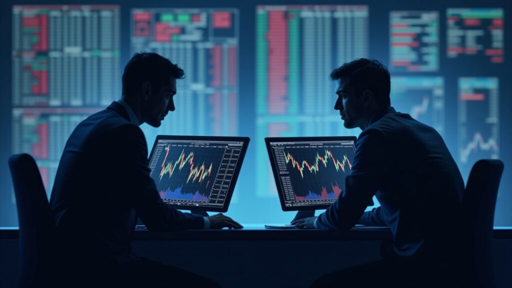 Semi-realistic trading desk with two monitors showing order books and silhouetted operator vs. trader.