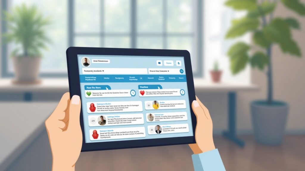 Semi-realistic Polymarket-style prediction market on a tablet, with event cards and returning users in a modern office.