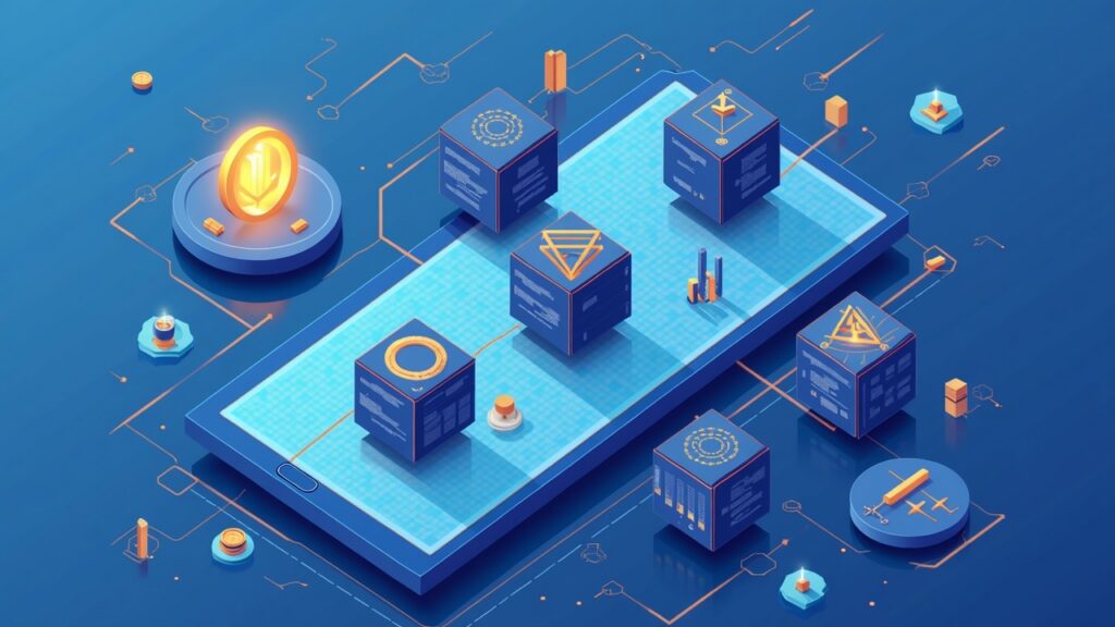 Semi-realistic illustration of tokenized EU equities, Layer-2 network motif, ETH/SOL staking icons, and perpetual futures.