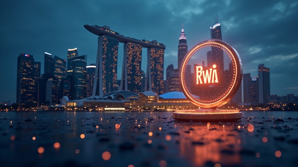 Singapore skyline with MAS building and a glowing RWA token morphing real estate and treasuries on a blockchain