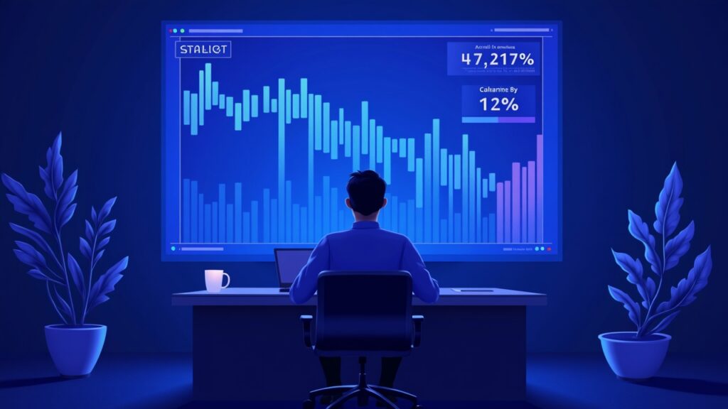 Analyst monitors a dashboard showing a record decline in Solana ETF flows with a blue-purple blockchain background.