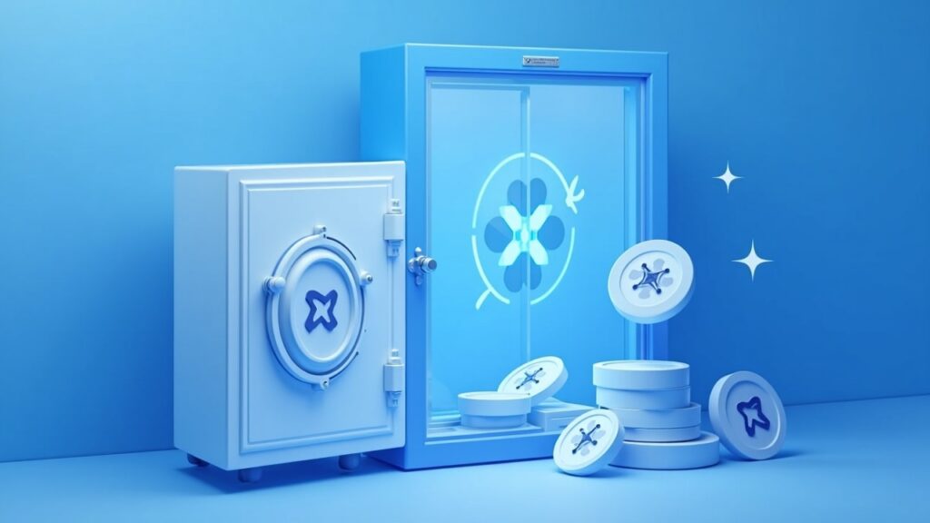 Semi-realistic desk scene with a Spot XRP ETF dossier and inflows entering a transparent fund vault on a blue backdrop.