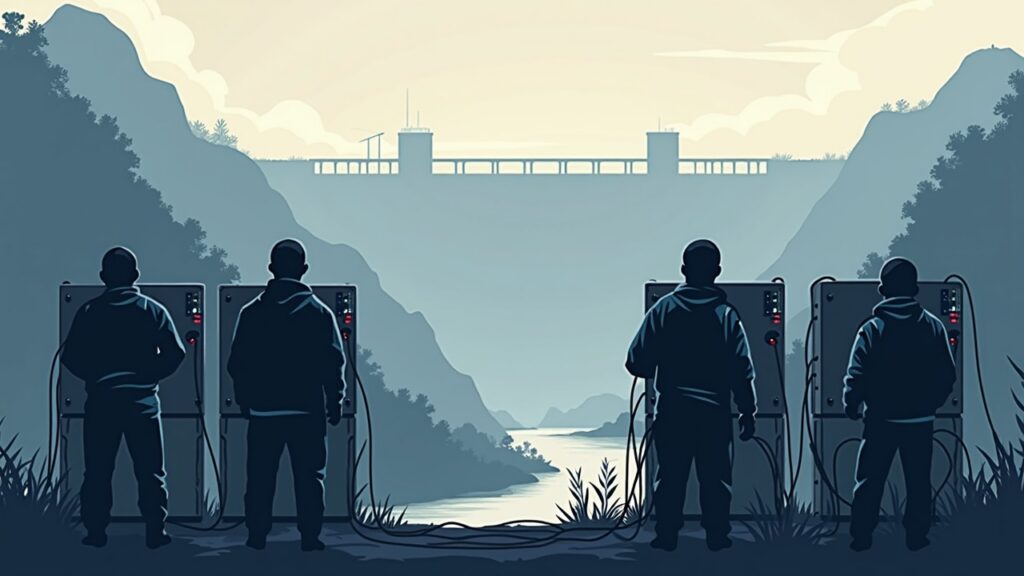 Semi-realistic Tajikistan crypto miners with ASIC rigs hooked to a power meter, hydro dam silhouette in the background.
