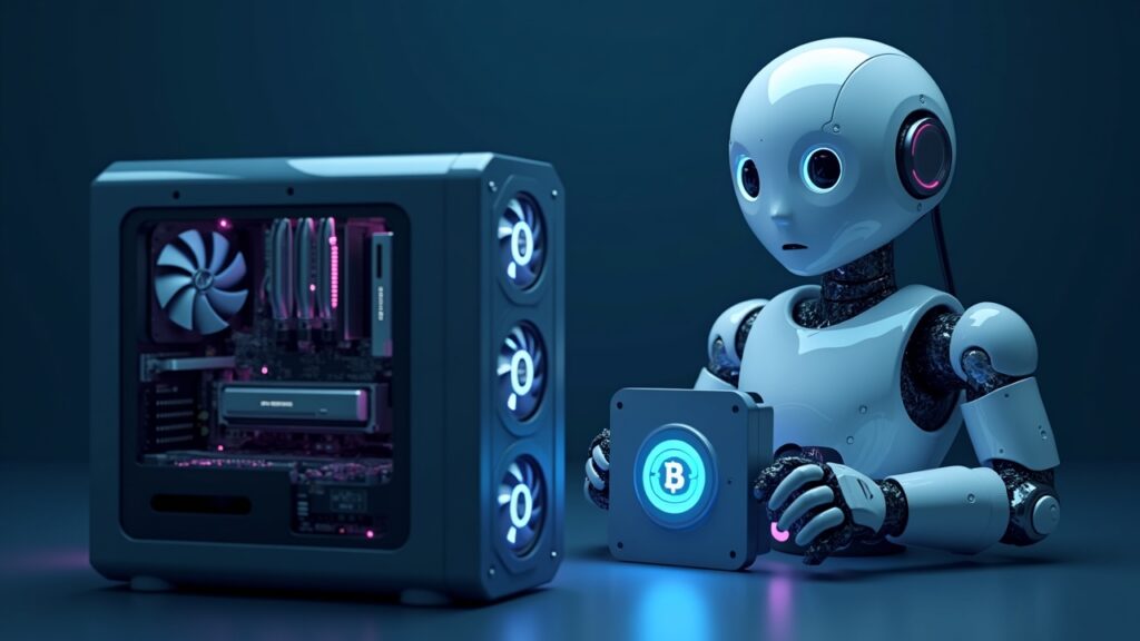 Semi-realistic humanoid robot beside a GPU compute rig, symbolizing crypto-backed robotics research in a modern, clean style