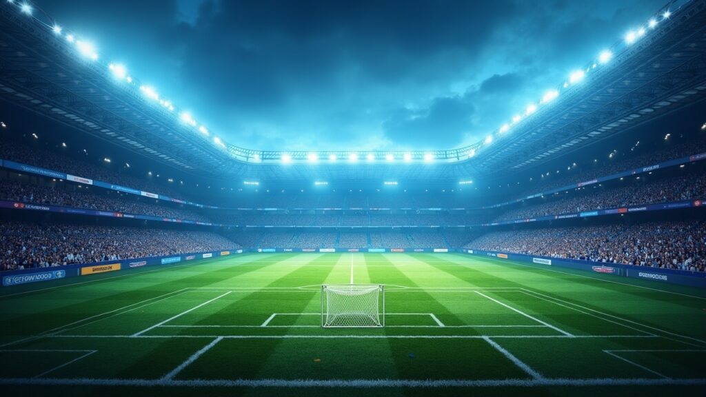 Realistic football stadium illustrating tokenized revenues from media rights, sponsorships and merch, with oracles and escrow imagery.