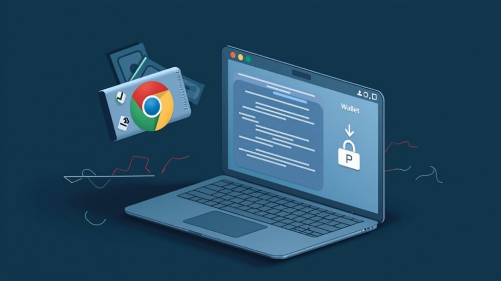 Semi-realistic illustration of a compromised Trust Wallet Chrome extension draining funds and exfiltrating a seed phrase to a dark domain.