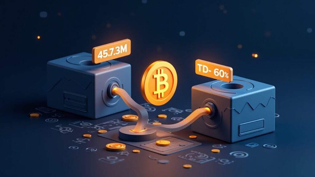 Semi-realistic Bitcoin coin flowing into two abstract ETF blocks, indicating $457.3M inflows and 60% dominance.