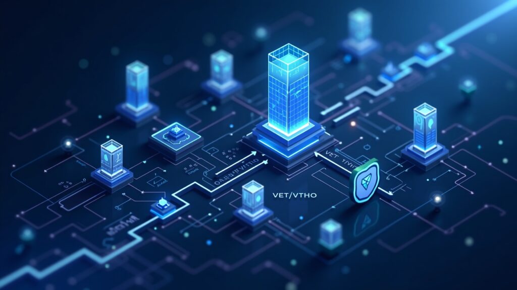 Semi-realistic scene of a blockchain migrating from PoA to DPoS, NFT staking badges, VET/VTHO flow, and a MiCA shield.