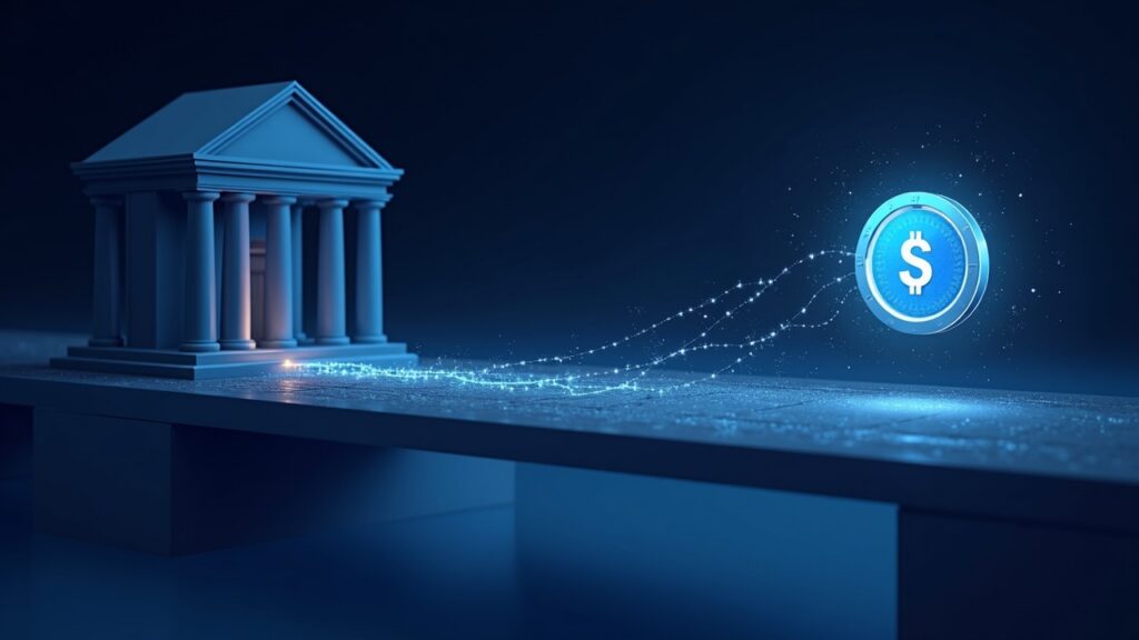 Semi-realistic bank on the left and glowing USDC on Solana on the right, connected by a digital bridge for 24/7 settlement.
