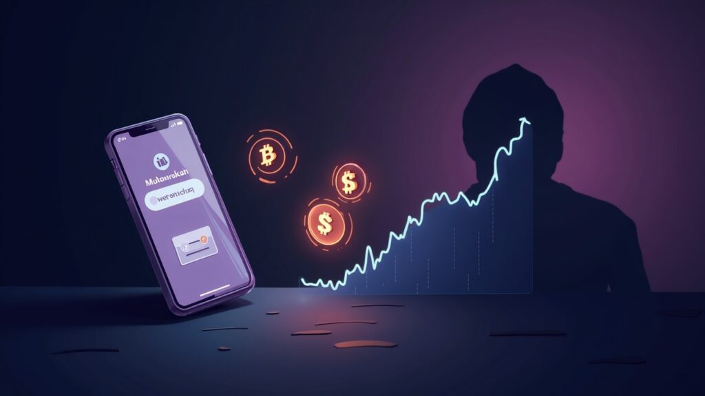 Semi-realistic smartphone, alert notification, hacker silhouette, glowing wallets, Mubarakah line rising and dropping.