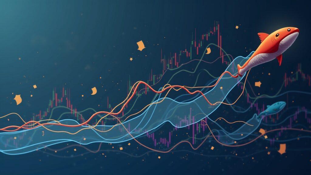 Realistic XRP coin with streaming ETF inflows, whale wallets, and shrinking exchange reserves beside muted price action.