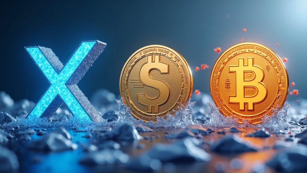 Abstract illustration of XRP, Solana, and Bitcoin tokens with jagged volatility halos in a newsroom backdrop.