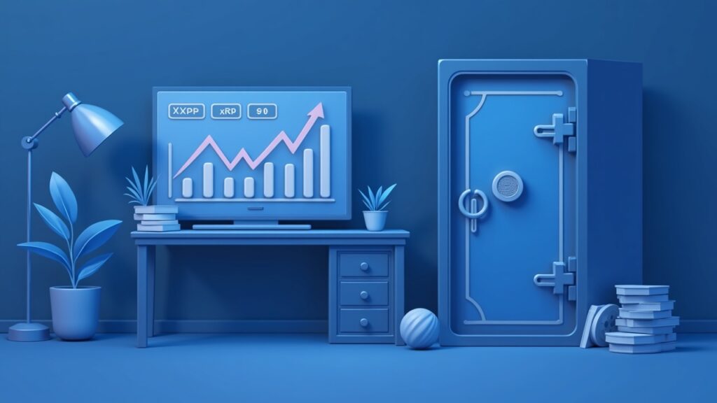 Finance desk with XRPI and XRPR tickers, rising chart toward $1B, and a secure custody vault in muted tones.